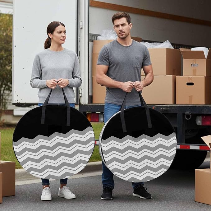 Storage Bag Grey Waves Round Storage Totes Bins Closet Organizers with Zippers & Handle Black Chevron Stripe Clothes Storage Container for Bedroom Dorm Space Saving Packing Supplies Moving Bags