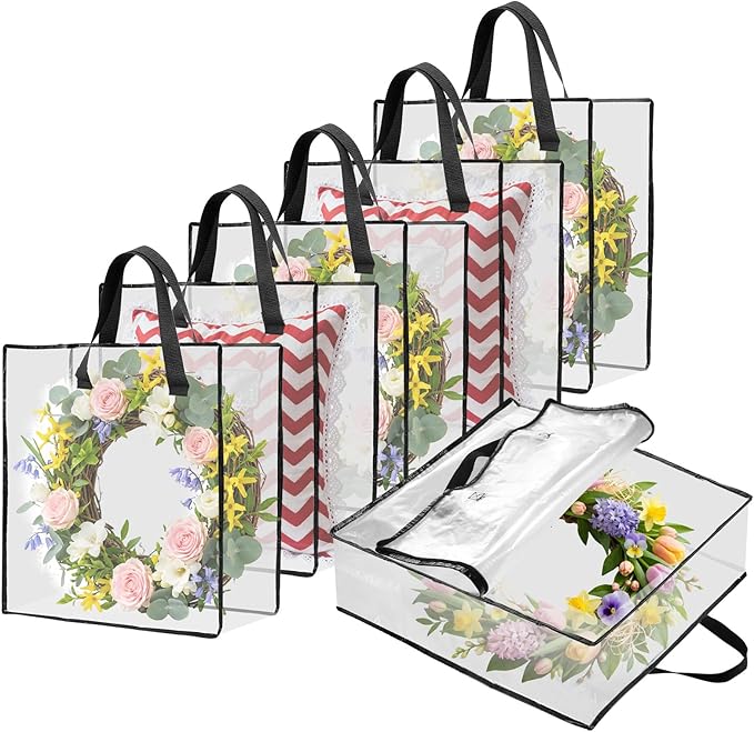 HFKPJRT 6 Pack Decorative Wreath Storage Container, 26" Clear Wreath Storage Bags for Halloween Christmas Spring, Large Moving Bags, Under the Bed Organizer for Bedding, Clothing, Toys