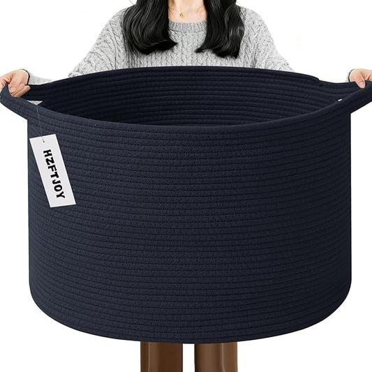 65L Large Blanket Basket,Cotton Rope Woven Storage Basket with Handles, Laundry Hamper for Toys, Clothes, Pillows & Towels, Perfect for Living Room, Nursery & Bedroom,Navy