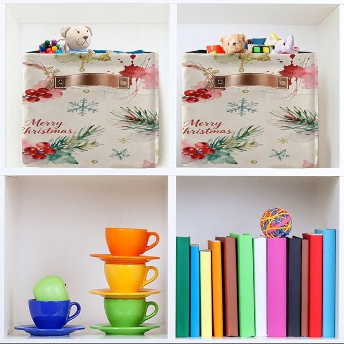 Christmas Storage Bins, Collapsible Canvas Organizer Baskets with Handles, 14.2x10.2x8.3 Inches, Holiday Pattern, Water-Resistant, for Home Bedroom Closet