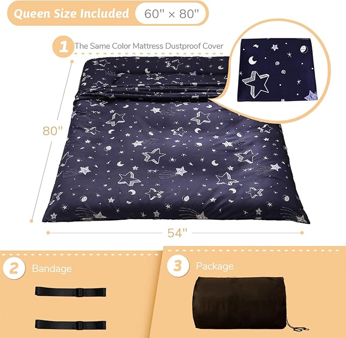 MAXYOYO Japanese Futon Mattress Floor Mattress Sleeping Pad Foldable Mat Roll Up Camping Cushion Floor Lounger Couches and Sofas Couch Topper, Moon and Star, Queen Size