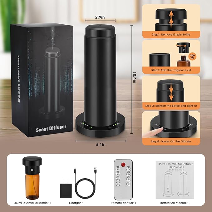 Waterless Essential Oil Diffuser with 8 Color LED Night Light, 3 Mist Levels & Timers, Portable Rechargeable Aromatherapy Diffuser for Home Car Room Studio Office, Metal (Black-200ml)