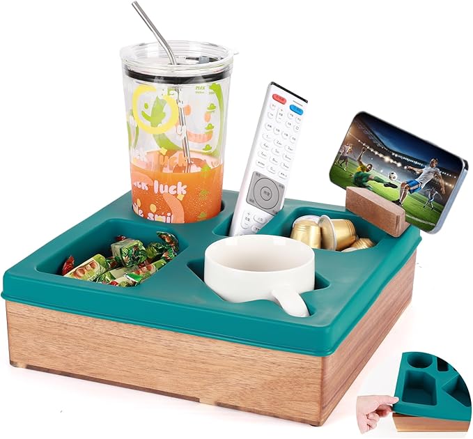 Couch Cup Holder Tray, Silicone Wooden Couch Caddy with Cup Holder for Snacks, Drinks, Remotes, Waterproof Cup Holder for Couch, Organizer, Couch Drink Holder, Easter Gifts