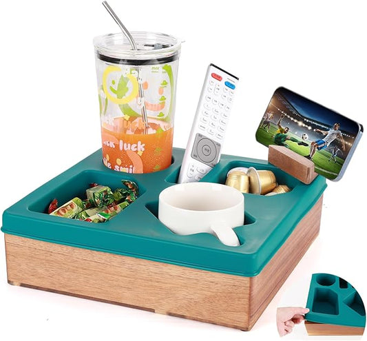 Couch Cup Holder Tray, Silicone Wooden Couch Caddy with Cup Holder for Snacks, Drinks, Remotes, Waterproof Cup Holder for Couch, Organizer, Couch Drink Holder, Easter Gifts