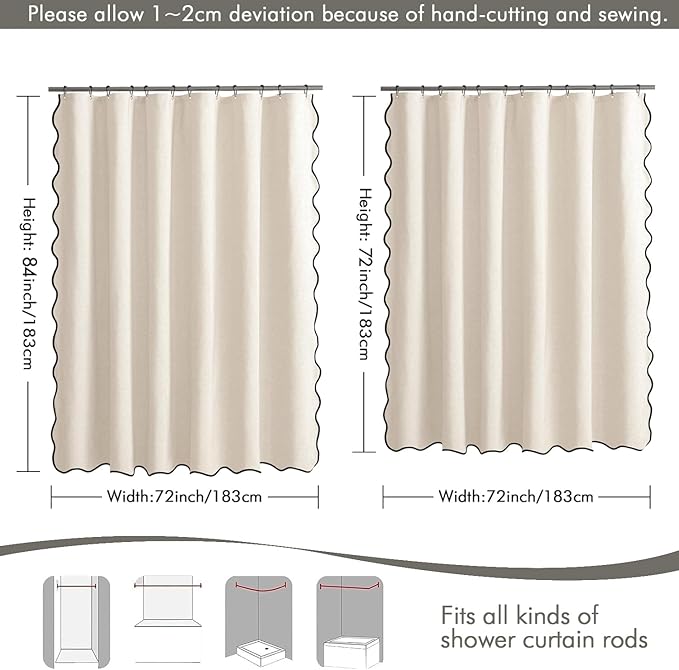 MIULEE 84" Long Scalloped Shower Curtain Linen Textured with 12 Metal Hooks Cute Extra Long Heavy Duty Washable Waterproof Cloth Shower Curtains with Black Border for Bathroom Hotel,Cream White