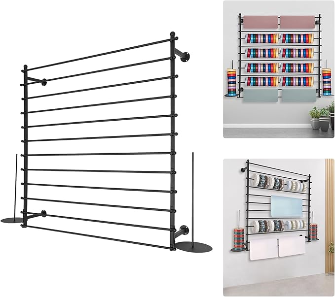 12-Layer Ribbon Holder Organizer Rack Wall Mounted Wrapping Paper Storage Rack Ribbon Dispenser Holder Wrapping Station Display Racks for Craft Room Florist Cake Shop(Black)
