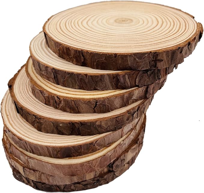 Unfinished Natural with Tree Bark Wood Slices 9 Pcs 5.1-5.5inch Disc Coasters Wood Coaster Pieces Craft Wood kit Circles Crafts Christmas Ornaments DIY Crafts with Bark for Crafts Rustic Wedding