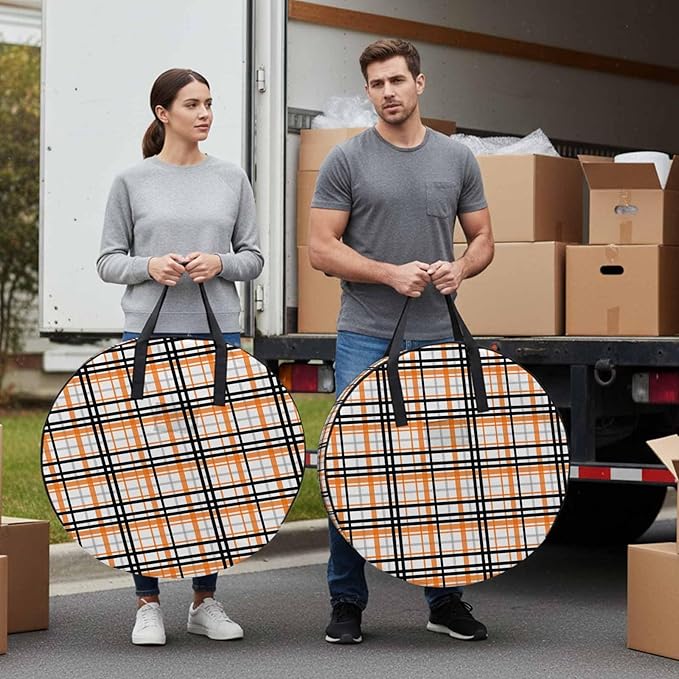 Storage Bag Orange Buffalo Plaid Round Storage Totes Bins Closet Organizers with Zippers & Handle Black Check Stripe Clothes Storage Container for Bedroom Dorm Space Saving Packing Supplies Bags