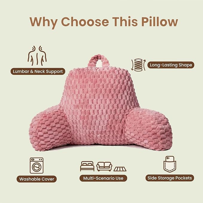 Faux Fur Reading Pillow for Bed Adults, Ultra Soft Plush Floor Backrest Pillow with Side Pockets for Bed & Couch, Perfect for Reading, Watching TV, Gaming, Relaxing, Pink