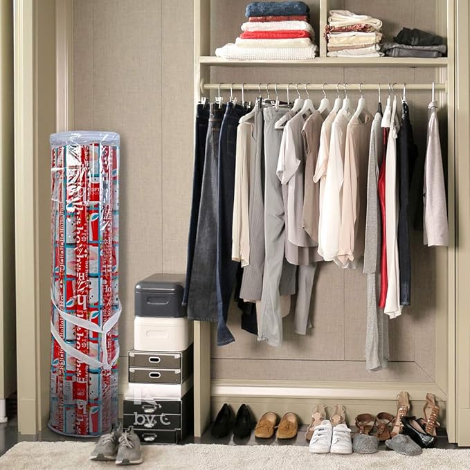 ProPik Christmas Gift Wrap Organizer Clear, Fits 24 Rolls of 40 Inch Long, Heavy Duty PVC Wrapping Paper Storage Bag with Handles and Zippered Top, Tote Clear Tube Container (White Trimming)