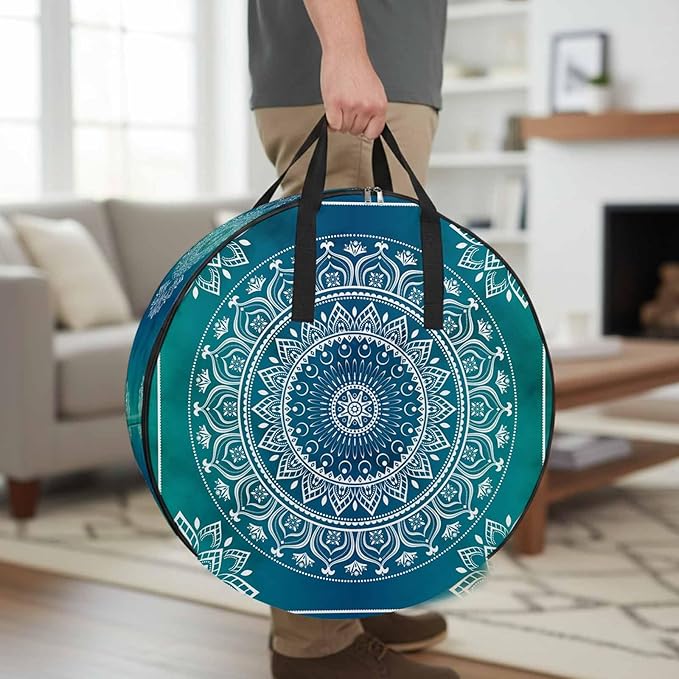 Storage Bag Teal Blue Boho Round Storage Totes Bins Closet Organizers with Zippers & Handle Gorgeous Bohemian Flower Clothes Storage Container for Bedroom Dorm Space Saving Packing Supplies Bags