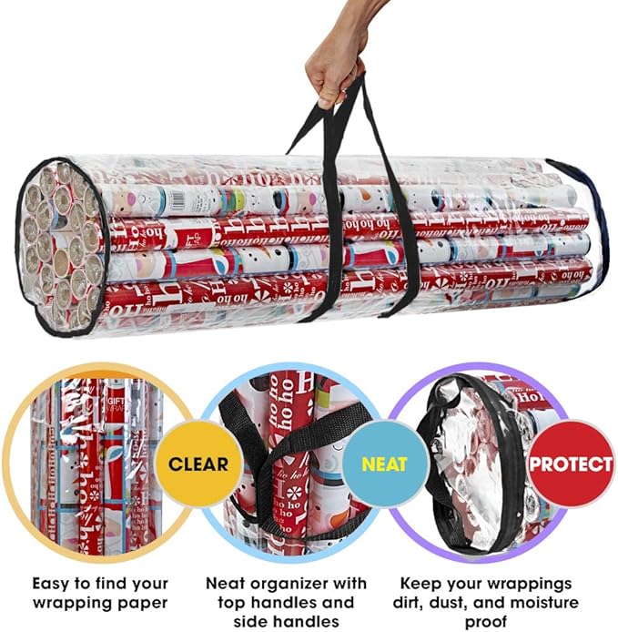 ProPik Christmas Gift Wrapping Paper Storage Organizer Bag, Store Up to 24 Rolls 40 Inch, Heavy Duty PVC Clear Bag with Handles and Zippered Top Wrap and Ribbons (Black)