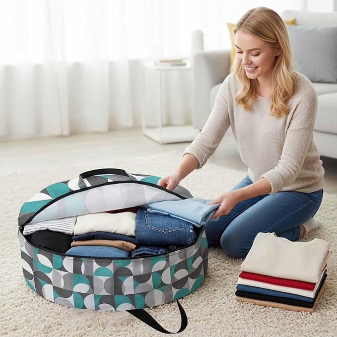 Storage Bag Mid Century Geometric Round Storage Totes Bins Closet Organizers with Zippers & Handle Abstract Modern Teal Clothes Storage Container for Bedroom Dorm Space Saving Packing Supplies Bags