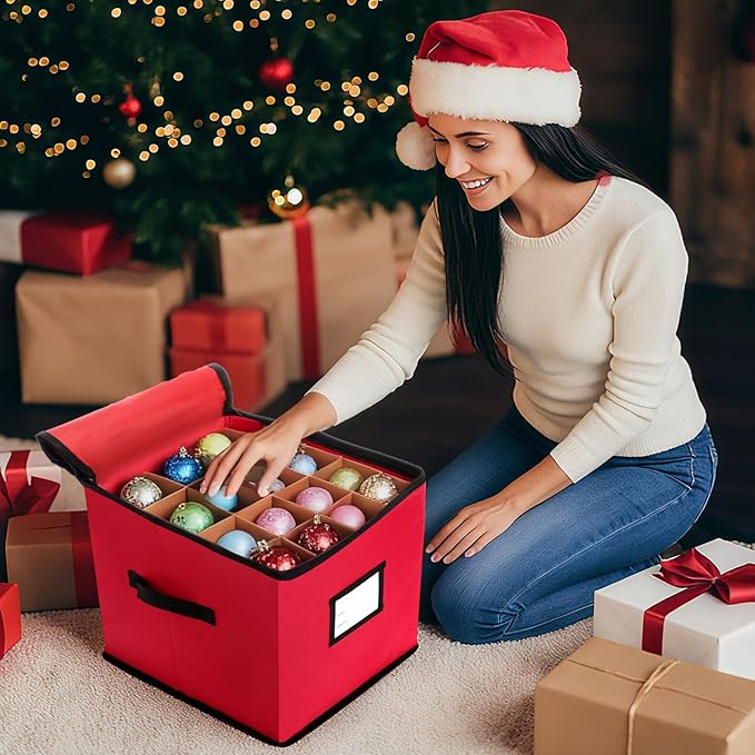 SATINIOR 6 Pcs Upright Christmas Tree Storage Bag Set 9 Ft Christmas Tree Storage Bag 26" Xmas Wreath Containers 11.8" Ornament Bags with Dividers Hold 64 Balls for Artificial Trees Garland(Red)