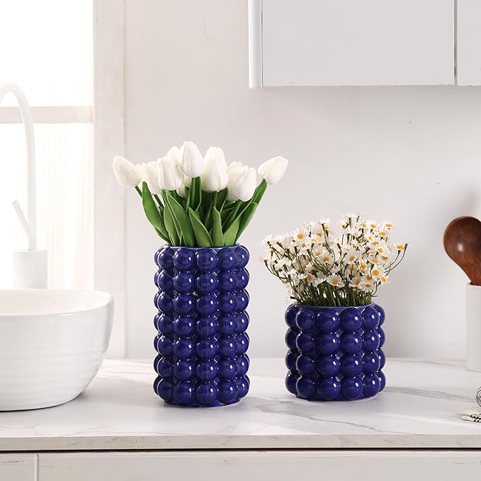 Bubble Vases, Set of 2 Blue Ceramic Vases for Flowers, Unique Short Vase for Tulips, Tall Bubble Vase for Coffe Table Decor, Decorative Vases for Living Room, Dining Table, Wedding