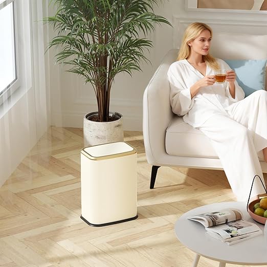 Bathroom Trash Can with Lid 8L/2.1 Gallon Beige Trash Can Small Garbage Can with Swing Top Lid Slim Stainless Steel Garbage Can with 100 Counts Trash Bags for Bathroom Bedroom Kitchen Office Toilet
