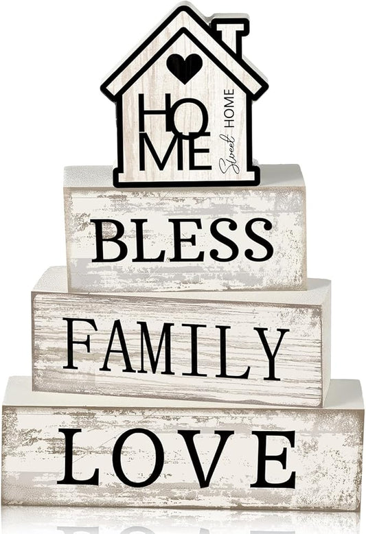 Yuntau 4 Pcs Farmhouse Wooden Tabletop Decor Sweet Home Tiered Tray Decor Rustic Retro Wood Bless Family Love Block Sign Gift Neutral Centerpiece Farmhouse Table Sign for Home Shelf Mantle