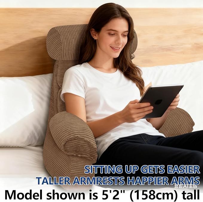 FXXUDVNIIN Back Pillow for Bed Sitting up – with 9.4" Armrest, for Reading, Gaming, Relaxing. Also Serves as tv Pillows for Sitting in Bed, Floor Pillow & Back Support for Adults.