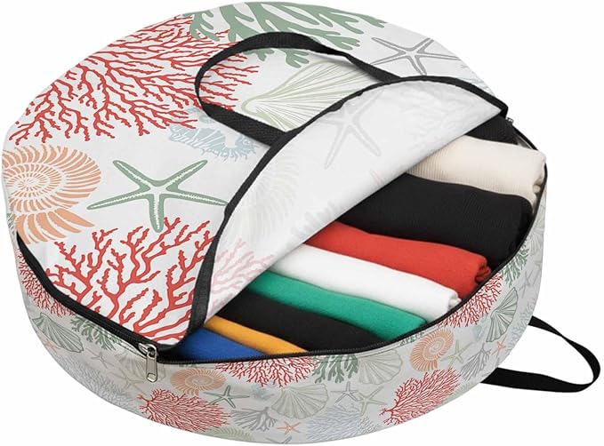 Red Coral Round Storage Bag 24 Inch, Sage Green Starfish Ocean Coastal Seashell Clothes Storage Container with Handles Heavy Duty Organizer for Comforter, Bedding & Holiday Wreaths