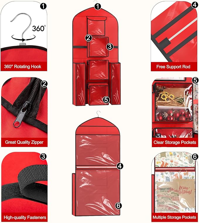 Woodoulogy Hanging Gift Wrapping Paper Storage, 48x24 (Extra Large) Red Double-Sided Christmas Wrapper Bag Container, Oxford Long Craft Roll Organizer, Present Wrap Holder for Closet, Door