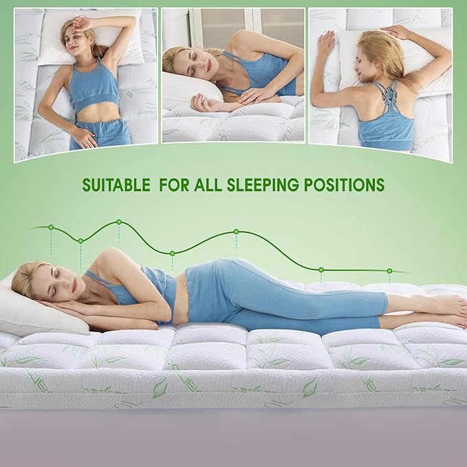 WhatsBedding Twin Mattress Topper, Soft Pillow Top Mattress Topper with Deep Pocket Fits 8–21 Inch,7D Spiral Fiber Filling, Bamboo Viscose Air Layer Mattress Topper Twin Size.