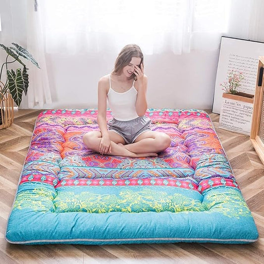 MAXYOYO Bohemian Retro Floor Mattress Vintage Floral Japanese Futon Mattress Roll Up Thicken Sleeping Mat Portable Camping Mattress Floor Lounger Couch Mattress Pad Twin Size