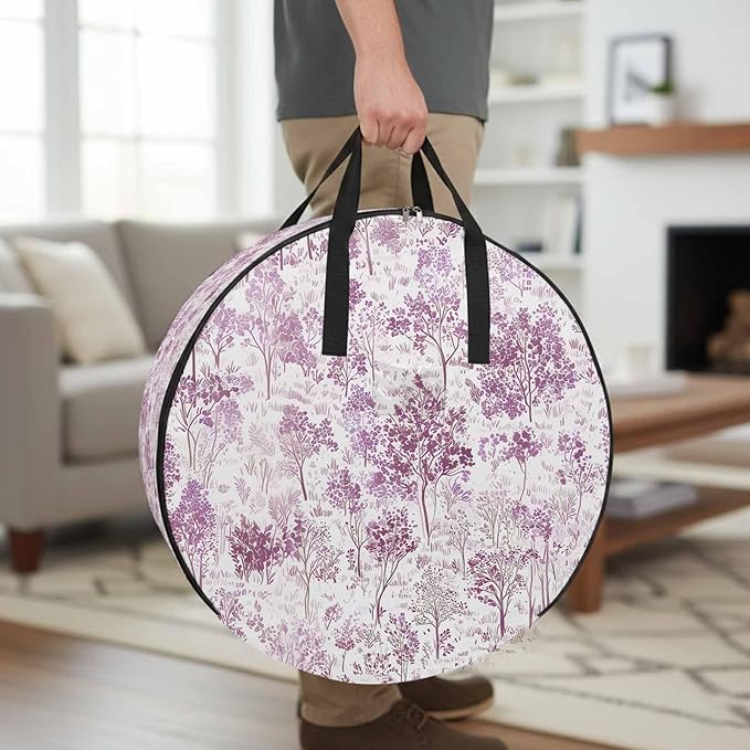 Storage Bag Maple Tree Pine Round Storage Totes Bins Closet Organizers with Zippers & Handle Watercolor Plants Purple Clothes Storage Container for Bedroom Dorm Space Saving Packing Supplies Bags