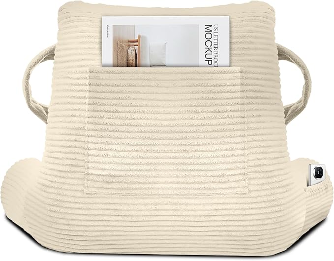 Reading Pillow for Sitting in Bed Adult, Bed Reading Pillow with Shredded Memory Foam, Back Pillow for Sitting with Arms and Pockets, Beige