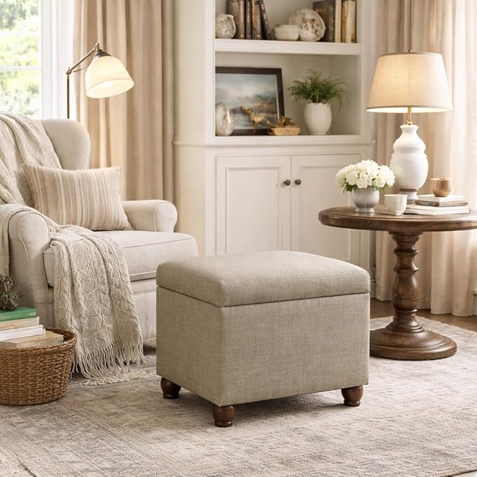 Homepop Home Decor | Upholstered MediumRectangular Storage Ottoman | Hinged Lid Ottoman with Storage for Living Room & Bedroom, Tan Linen