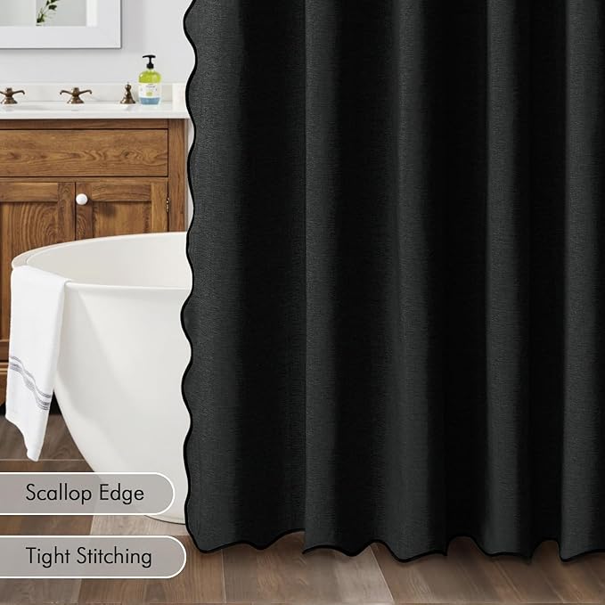 MIULEE Black Scalloped Shower Curtain Linen Textured with 12 Metal Hooks Cute Heavy Duty Washable Waterproof Thick Cloth Shower Curtains with Black Border for Bathroom Hotel Bathtub,W72*L78