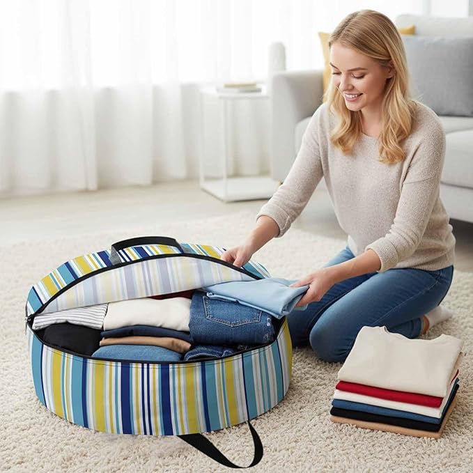 Storage Bag Navy Blue Striped Round Storage Totes Bins Closet Organizers with Zippers & Handle Geometric Yellow Stripes Clothes Storage Container for Bedroom Dorm Space Saving Packing Supplies Bags