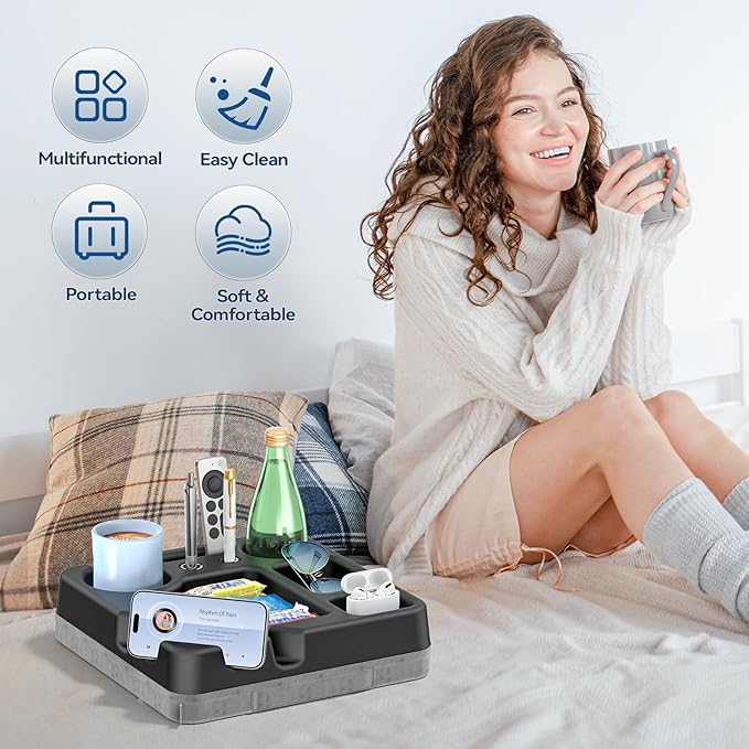 Couch Cup Holder Tray Couch Cup Holder Pillow Bed Tray Snack Sofa Bed Caddy Organizer Beach Sofa Drink Holder Anti-Spill Portable Snack Caddy Couch Remote Holder for Phone Pad Kindle Beverage Black