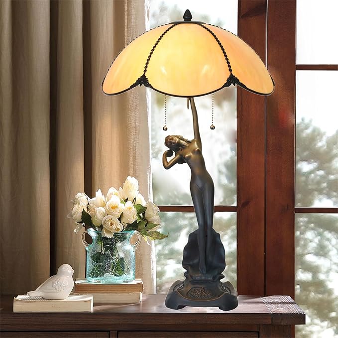 TL0033 Tiffany Style Table Lamp Handmade Stained Glass Umbrella Shade with Lady Sculpture Base W 15.75 X OH 27 Inches, Art Nouveau Lamp for Home Office, LED Bulbs Included