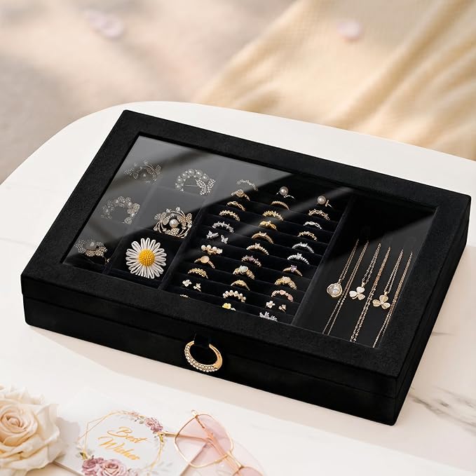 bussdis Glass Lid Jewelry Organizer Box – Black Velvet Jewelry Case with Ring Slots, Necklace Hooks & Removable Compartments for Earrings, Rings & Bracelets
