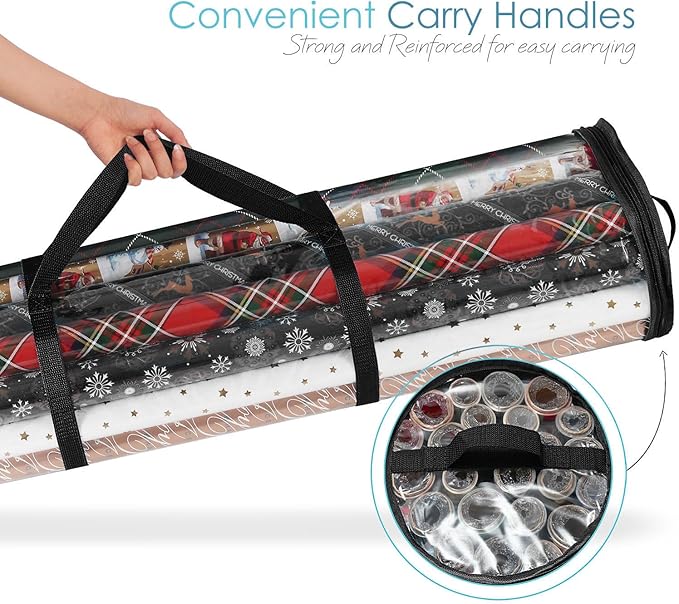 Hearth & Harbor Wrapping Paper Storage Container - Clear Wrapping Paper Holder Fits Up To 14 Rolls of 40" - Tear Proof Gift Wrapping Organizer Storage - Premium Christmas Storage Bag For Easy Carrying