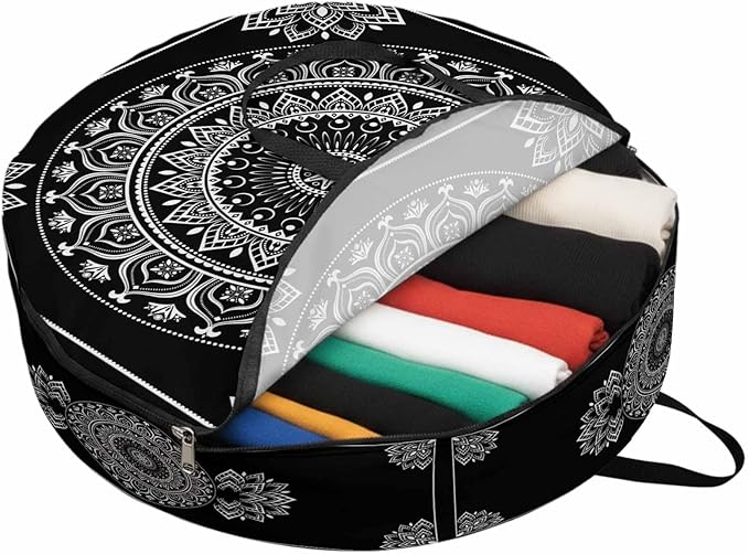 Storage Bag Black Boho Round Storage Totes Bins Closet Organizers with Zippers & Handle Gorgeous Bohemian Flower Clothes Storage Container for Bedroom Dorm Space Saving Packing Supplies Moving Bags