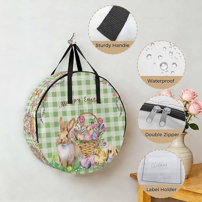 24 Inch Round Storage Bag 2 Pack,Easter Spring Flowers Rabbit and Eggs Waterproof Wreath Storage Container with Handles&Zipper Green and White Buffalo Checker Closet Organizer Bags Garland Box