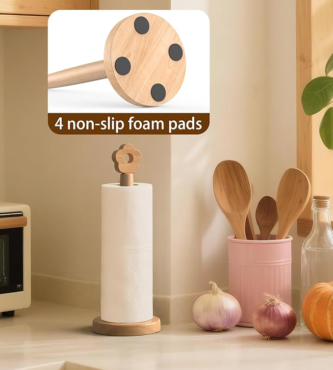 Cute Wooden Paper Towel Holder Stand - Kitchen Paper Hanger Rack Bathroom Towel Roll Stand Organizer Simply Standing Countertop Paper Roll Holder, Flower