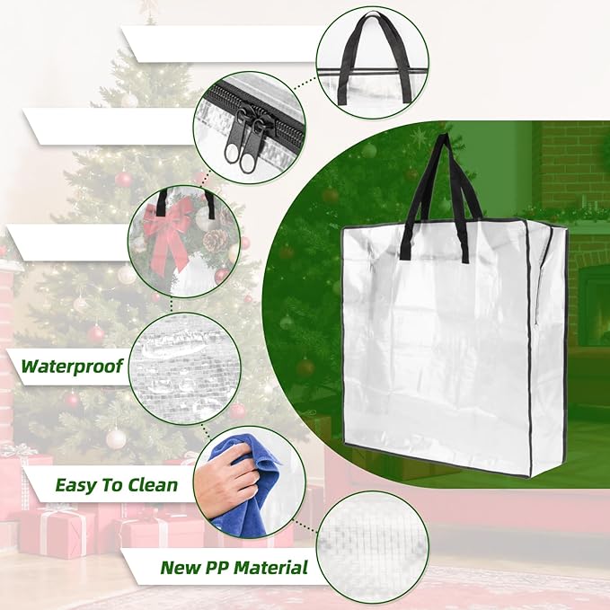 RAINFLOW Christmas Wreath Storage Bag - 3 PCS Moving Bags Heavy Duty for Christmas Decorations Garland Ornament Clothes Gift Pillow Toy Clear Storage Bag with Zipper Moving Supplies(24 inch)