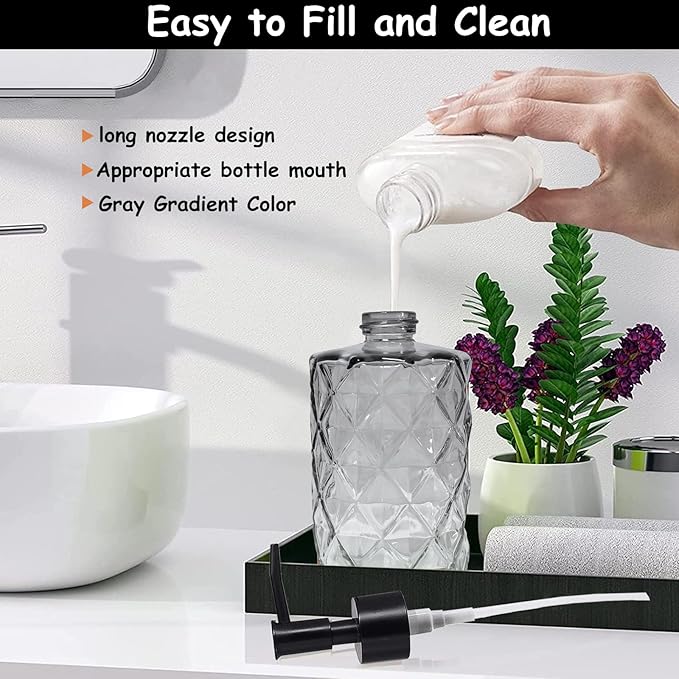 YYTSGG Crystal Glass Soap Dispenser, 12oz Gradient Grey Bathroom Hand Dispenser, Lotion Dispenser with Black Plastic Pump for Modern Home Decor, Kitchen Countertop, Hotel