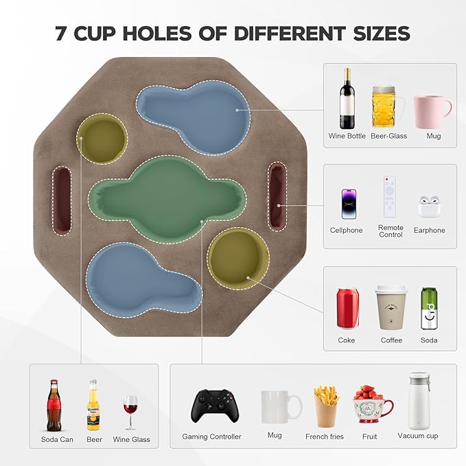 Couch Cup Holder Pillow, Octagon Caddy for Coffee, Phone, Remote - Drink Holder Tray for Bed, Car, Sofa, Table