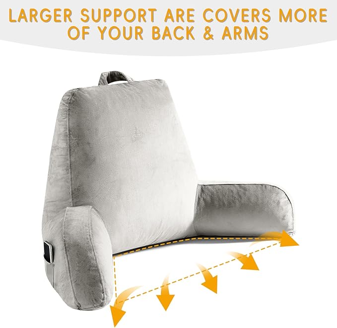 OAISZ Reading Pillow for Sitting in Bed Adult, Reading Pillow with Shredded Memory Foam, Bed Pillow with Washable Cover, Back Pillow Sitting Up with Extend Arms, Light Gery, X-Large
