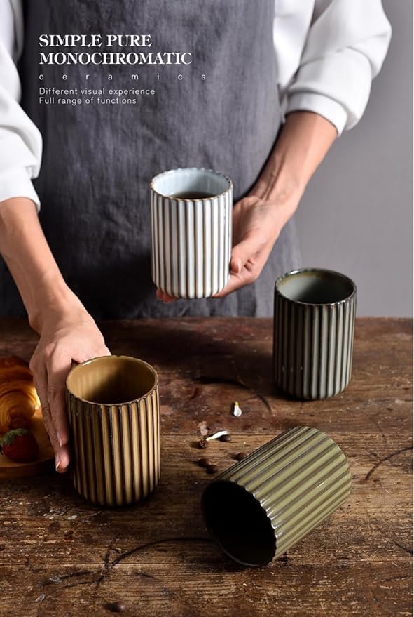 TOPYOKK Stoneware Coffee Bar Utensil Holder Tea & Coffee Spoon & Stirrer Holder for Stir Stick Straw Teaspoon Holder Spoon Cup Small Utensil Jar Fluted Vertical Stripe (Retro Grey)