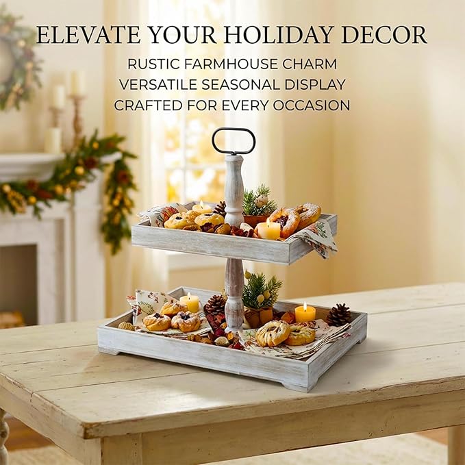 Decorative Tray - Cupcake Stand Two Tiered Tray Farmhouse Rustic 2 Tiered Serving Tray for Home and Kitchen Decor, Party, Weddings-Holiday Decoration Customizable Display Options