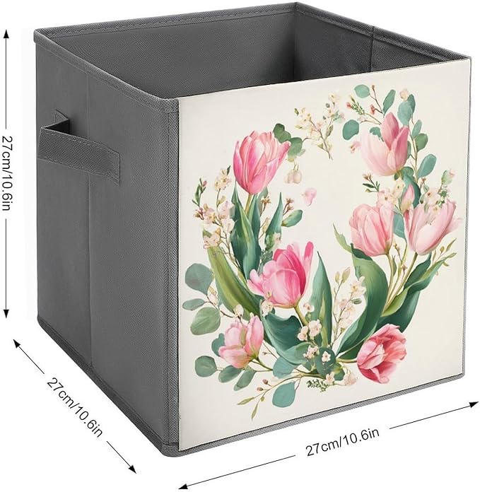 Watercolor Floral Wreath with Pink Tulips Cube Storage Bins Storage Cubes Foldable Decorative Fabric Storage Baskets Home Organizers with Handles for Shelves,Closet, 10.6 X 10.6 Inch