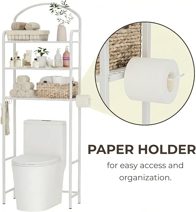 Over The Toilet Storage Rack, 3 Tier Bathroom Organizer with 4 Hooks & Paper Holder, Space Saver Metal Shelf for Bathroom Supplies, White Toilet Rack