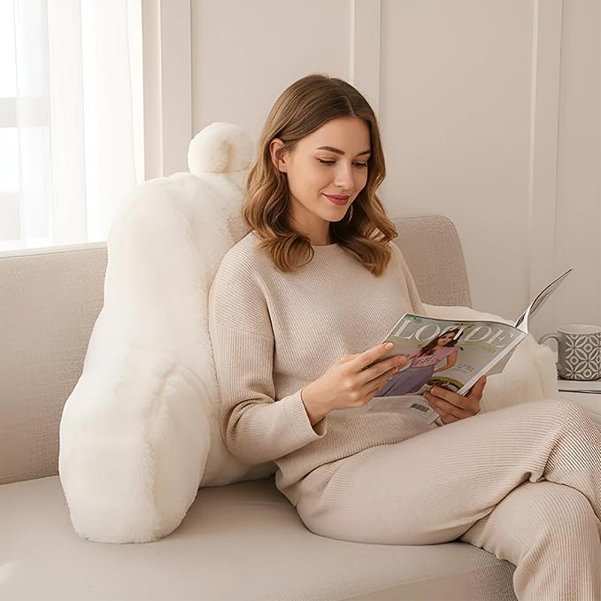 Yaoshuho Faux Fur Reading Pillow for Sitting in Bed, Large Backrest Bed Pillow with Arms, Back Support Pillow for Lounging Bedrest, Beige