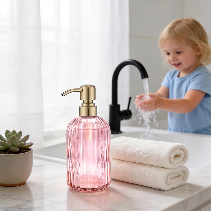 16 OZ Pink Glass Soap Dispenser,Clear Pink Stripe Bathroom Hand Soap Dispensers with Stainless Steel Gold Pump, Pink Kitchen Hand Soap Dispenser with Brushed Gold Pump