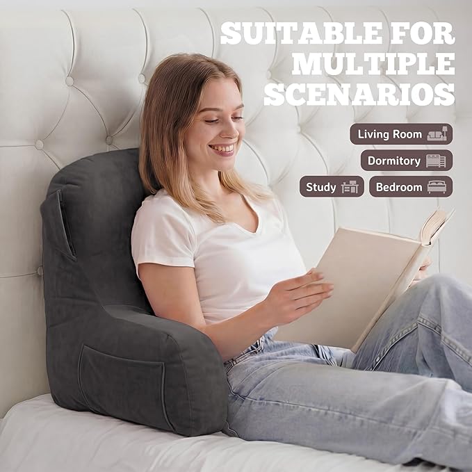 Unisakey Portable Comfy Reading Pillows for Bed Sitting Up(Light Grey Oeko-Tex), Velvet Back Pillow with Arms & Pockets for Adults, Support Memory Foam Bed Pillow for Dorm/Reading/Watching/Gaming