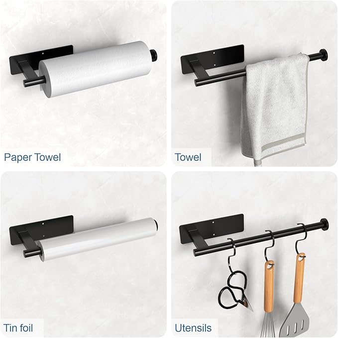 CUXIXA Paper Towel Holder Under Cabinet, Upgraded Self Adhesive Paper Towel Holder Wall Mount for Kitchen, Bathroom, RV, Bend-Resistant, Self-Adhesive or Drill mounting